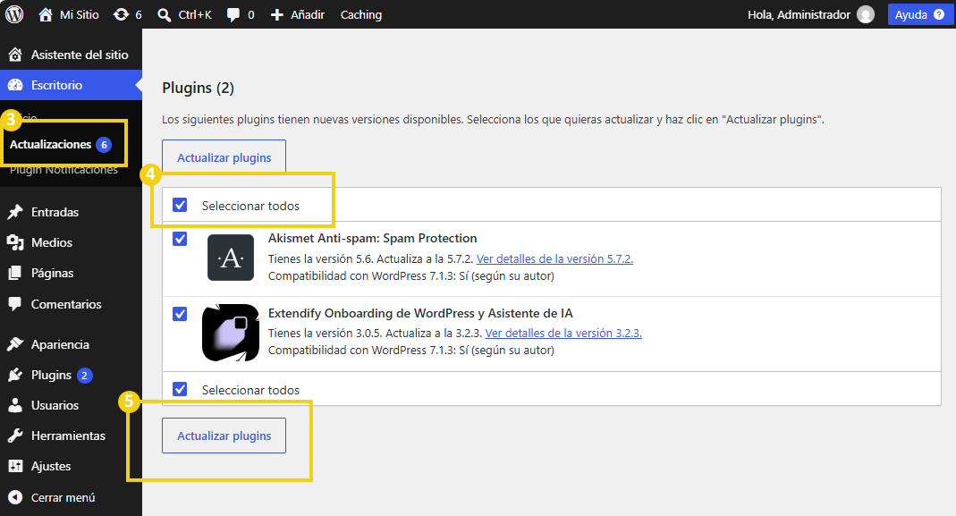 WordPress — sección Actualizaciones con plugins por actualizar, la opción Seleccionar todo y el botón Actualizar plugins