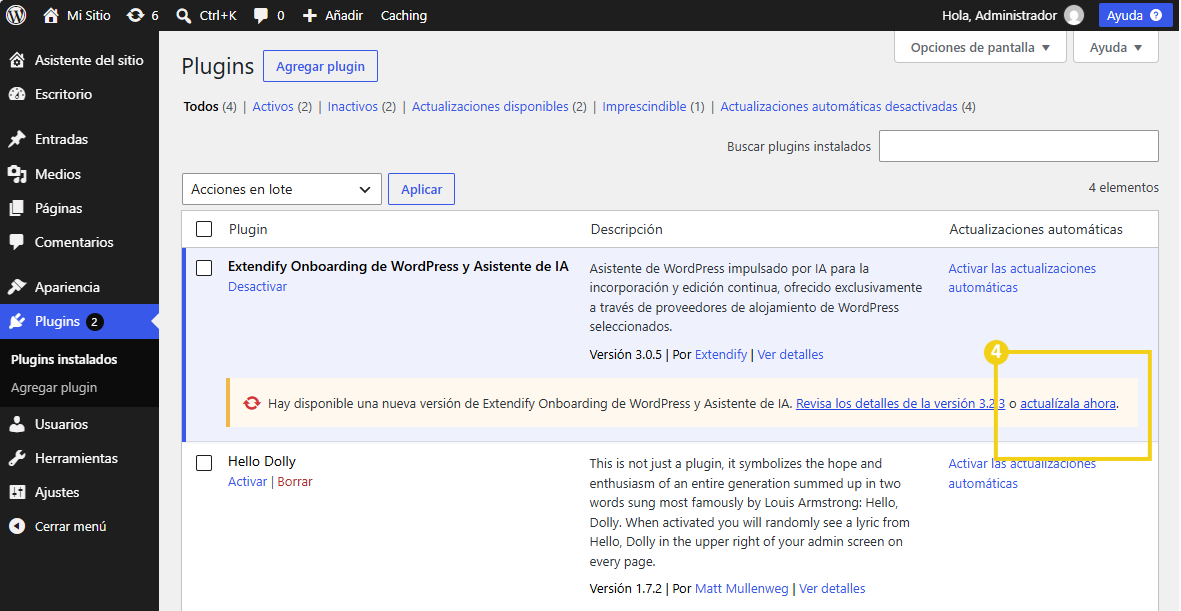 WordPress — pantalla Plugins con la lista de plugins instalados y el aviso de actualización disponible