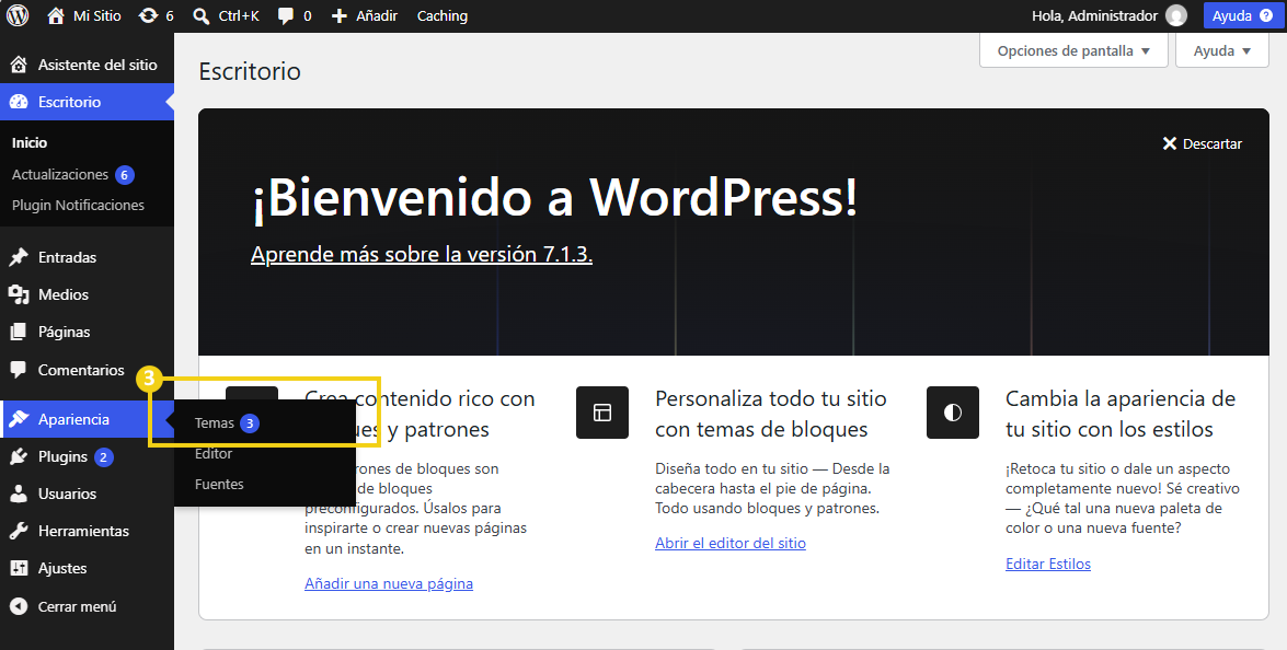 WordPress — menú Apariencia abierto con la opción Temas visible