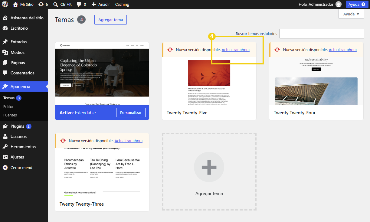 WordPress — pantalla Temas con los temas instalados, avisos de nuevas versiones y la opción Actualizar ahora