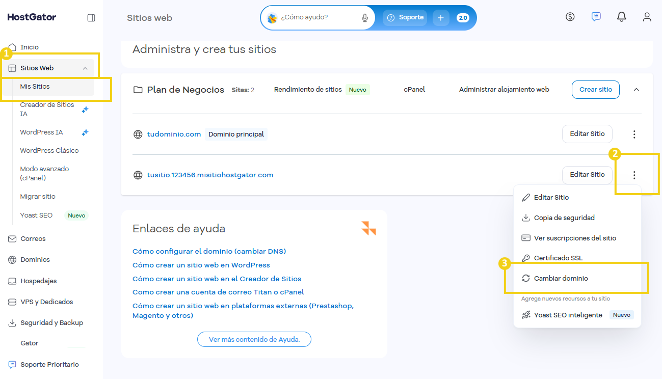 Portal del Cliente — sección Sitios con el menú de acciones del sitio abierto y la opción Cambiar dominio