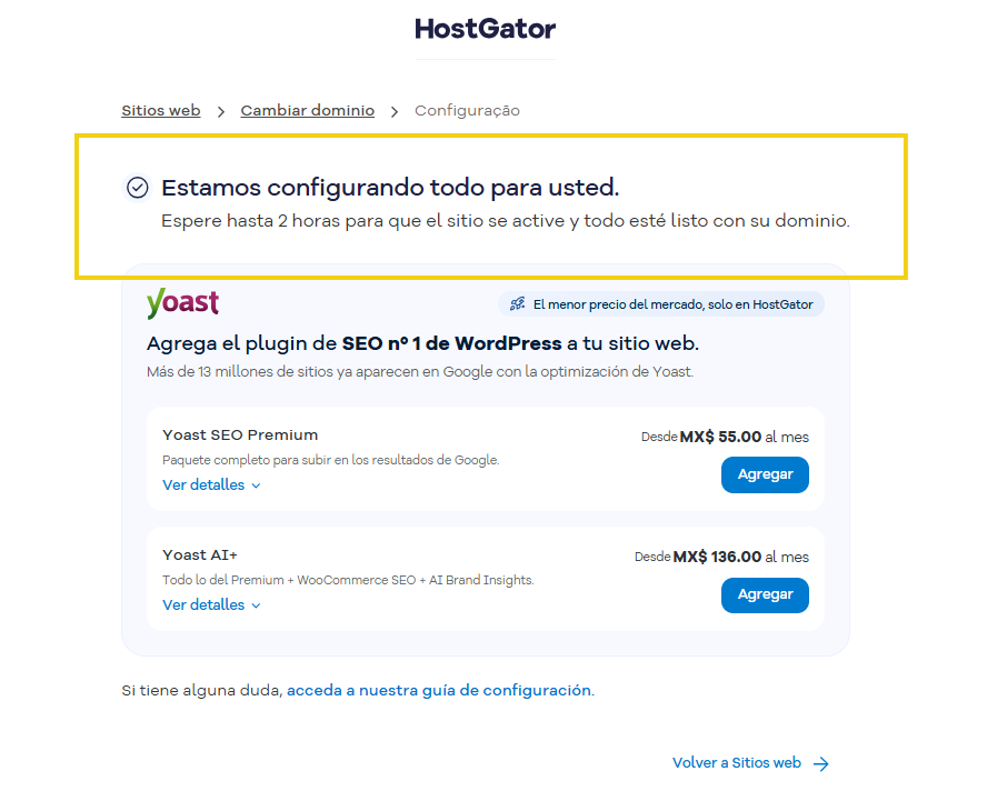 Portal del Cliente — pantalla Concluir configuración con el aviso de configuración del dominio en curso