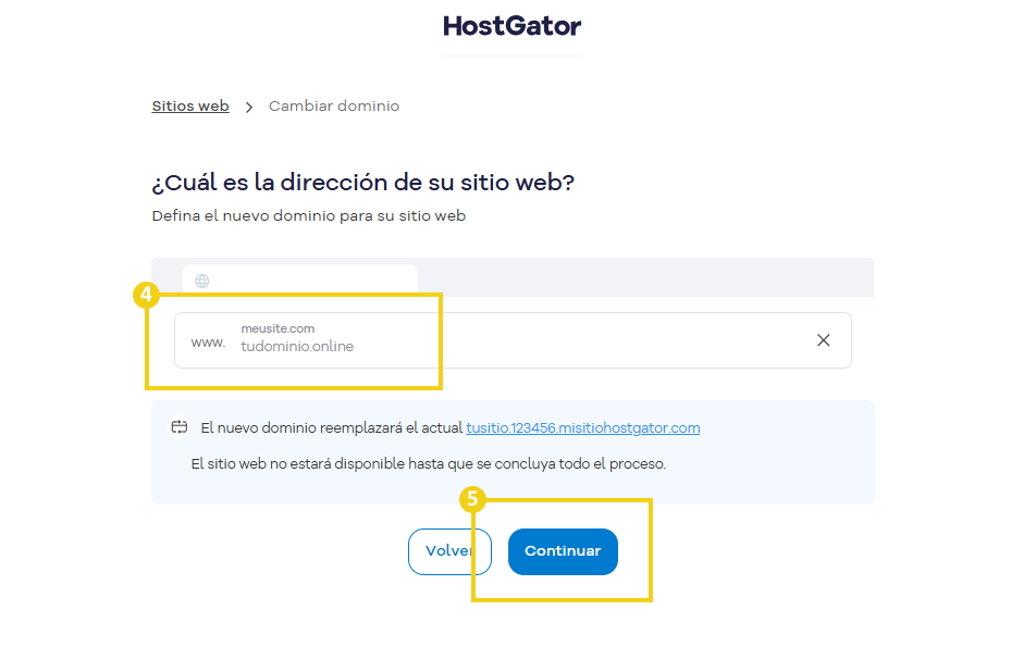 Portal del Cliente — pantalla Cambiar dominio con el campo para el nuevo dominio y el botón Continuar