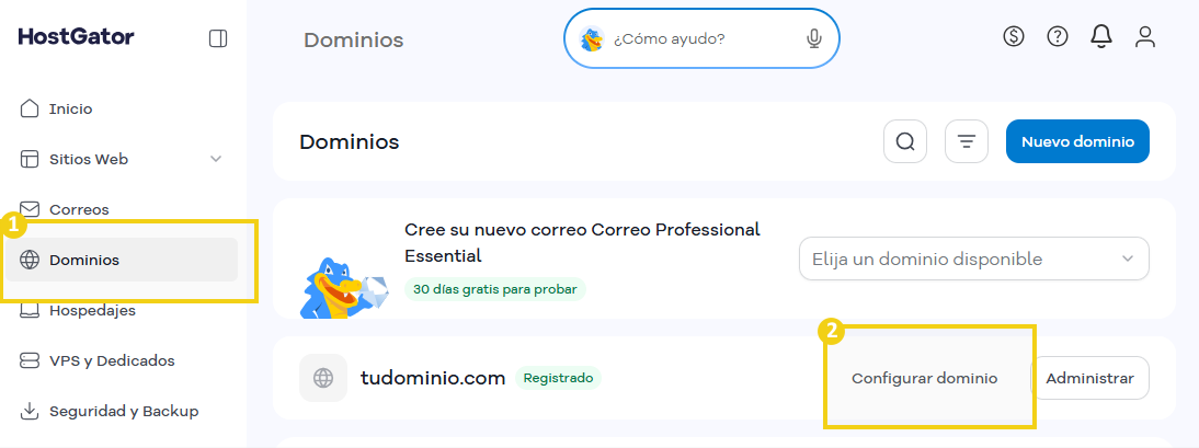 Imagen que destaca la opción "Dominios" en el menú lateral y la opción "Configurar dominio".