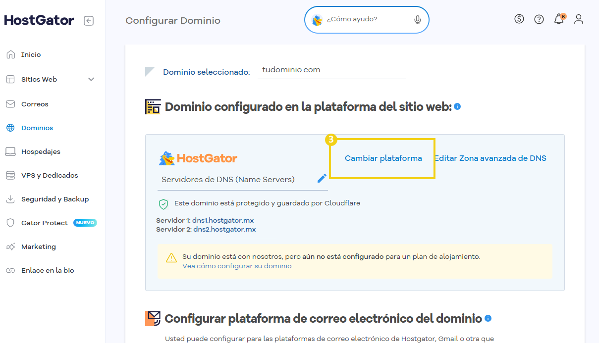 Portal del Cliente — administración del dominio con la opción Cambiar plataforma en destaque