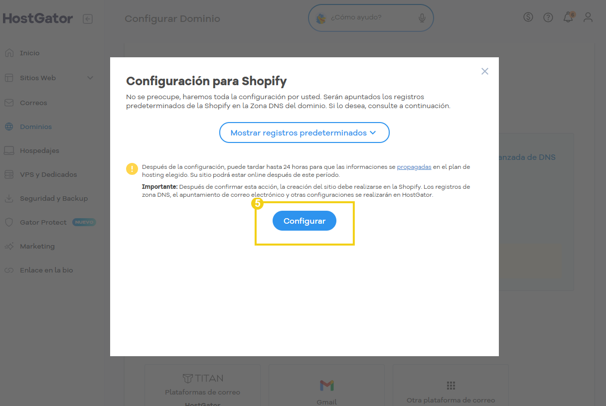 Portal del Cliente — configuración DNS para Shopify con el botón Configurar y el mensaje de aviso en destaque