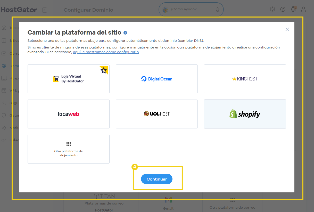 Portal del Cliente — pantalla Cambiar plataforma del sitio con las plataformas disponibles y opciones de configuración avanzada