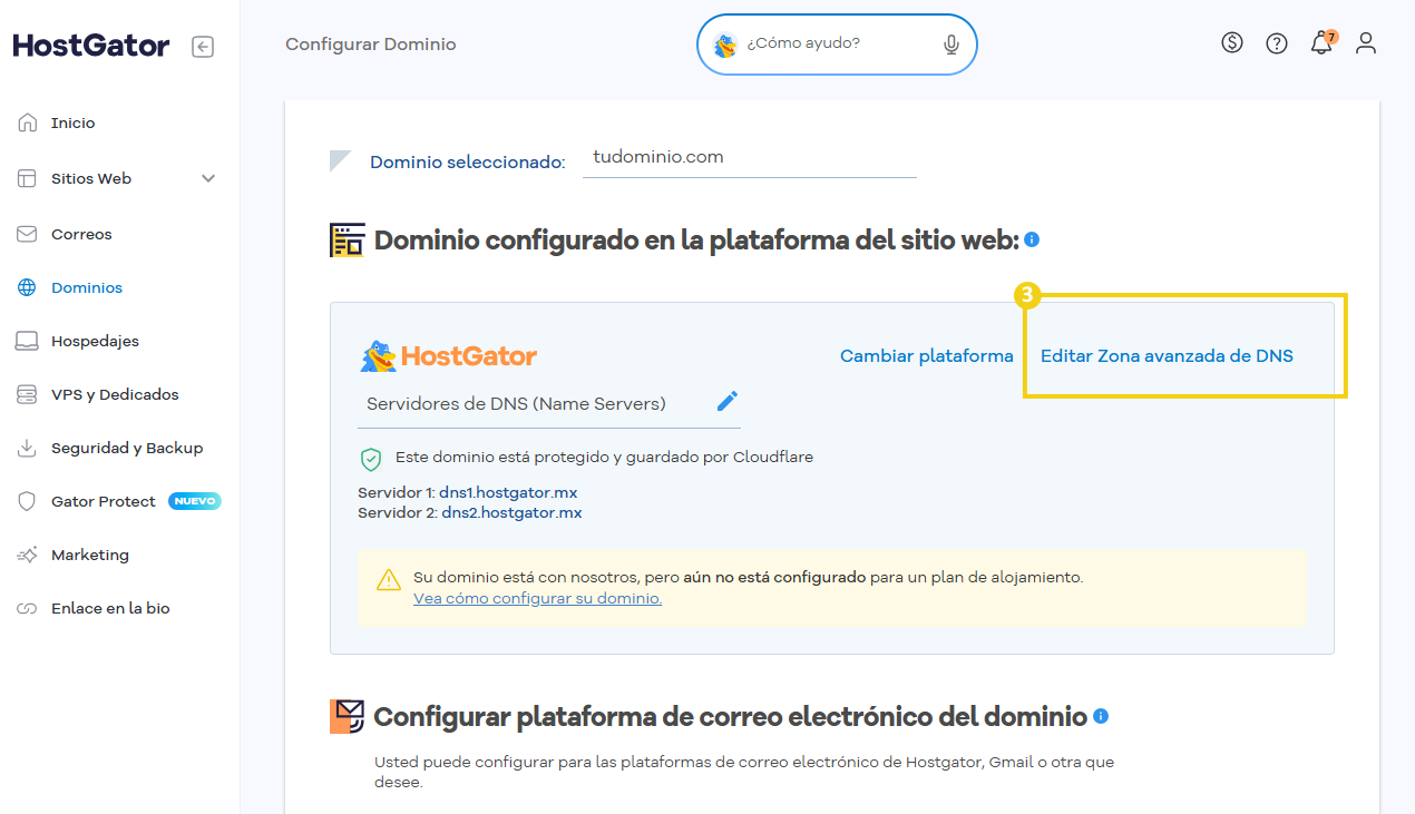 Portal del Cliente — pantalla Configurar Dominio con la opción Editar Zona Avanzada de DNS en destaque