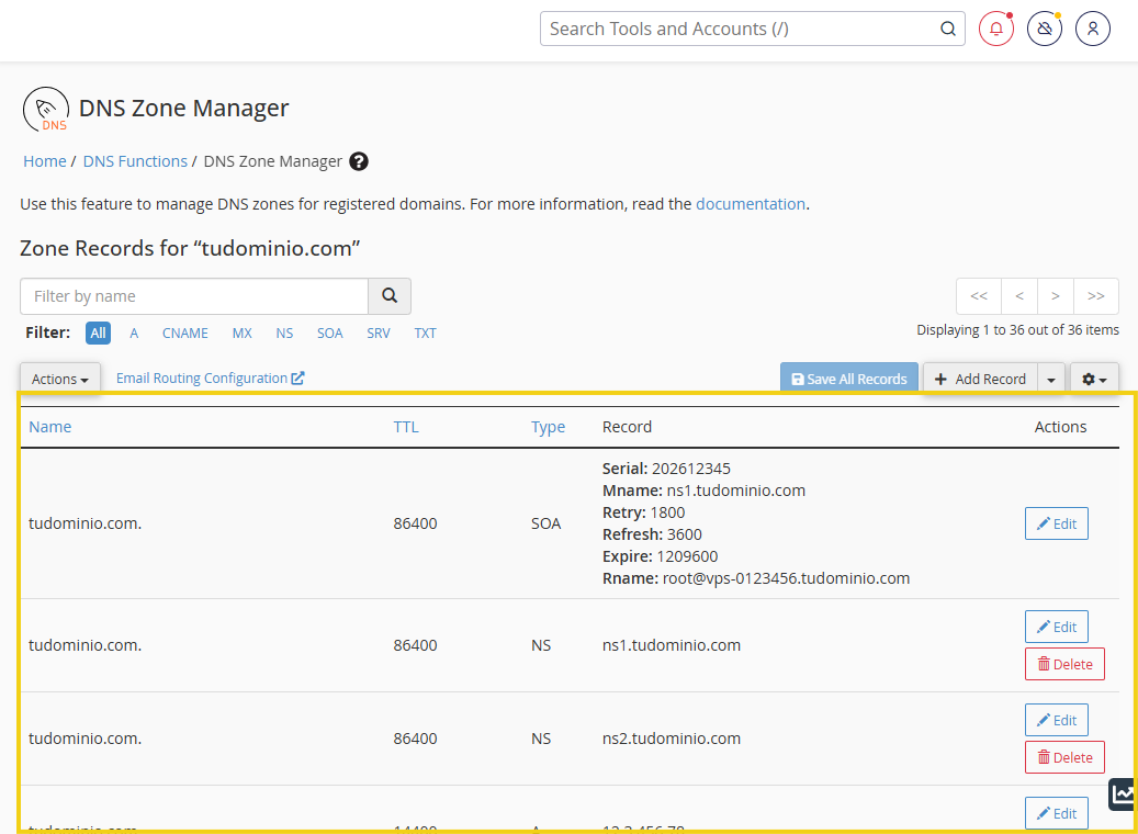 Administración de zonas DNS en WHM para el dominio sudominio.com.br, que muestra los registros NS y la configuración del servidor de nombres.