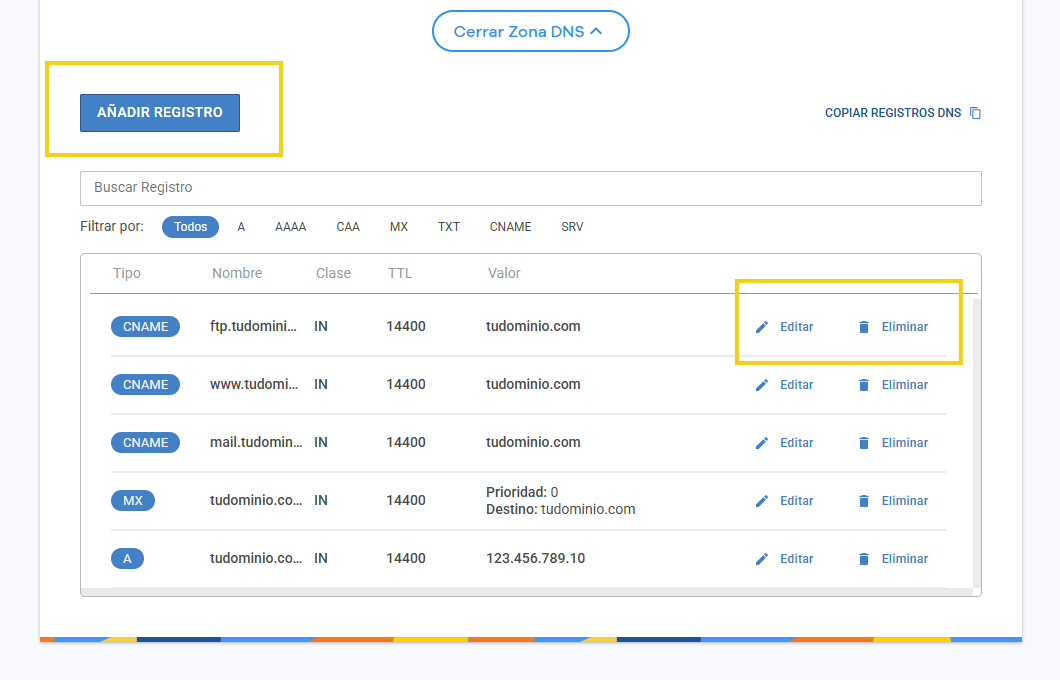 Portal del Cliente — sección Hacer configuración avanzada en la zona de DNS con la lista de registros DNS