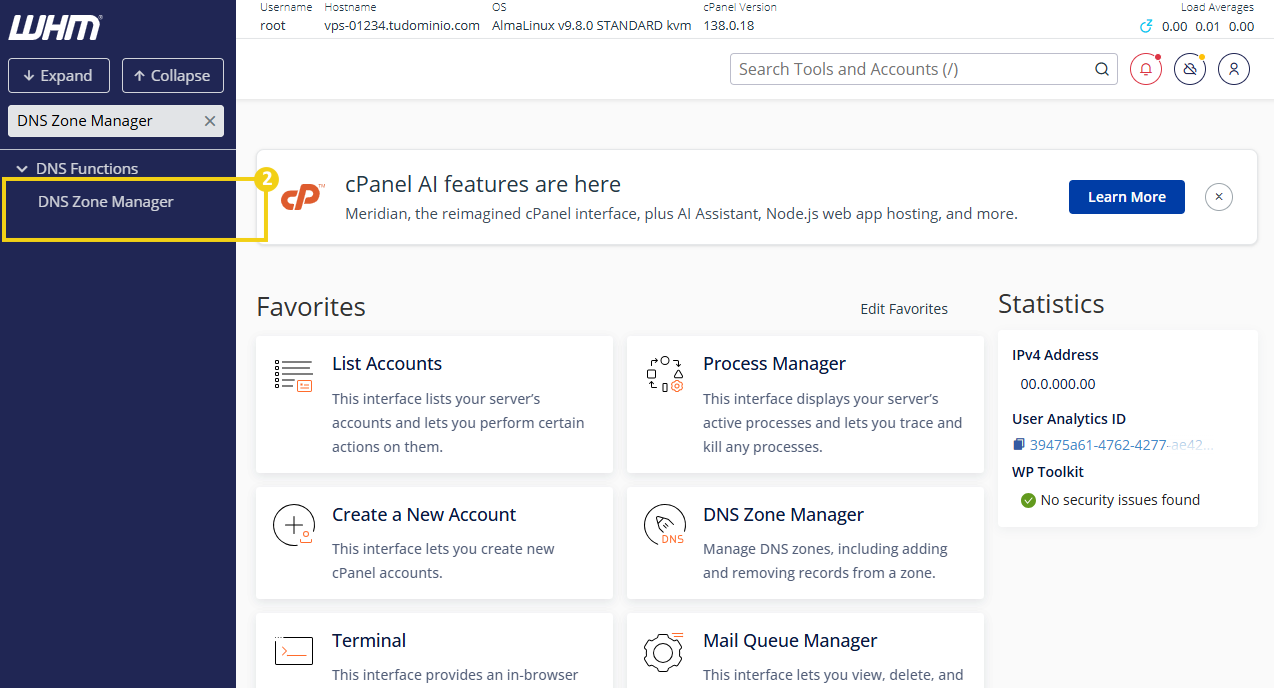 Imagen que muestra el panel de DNS Zone Manager en WHM, una herramienta de administración de DNS utilizada por los administradores de servidores para gestionar zonas DNS de forma eficiente y segura.