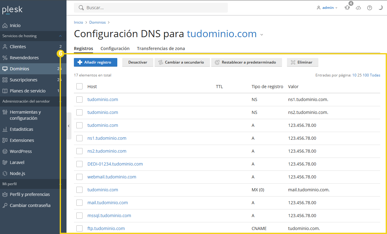 Configuraciones de DNS para el dominio sudominio.com.br en la plataforma de administración, incluidos los registros A, NS, MX, CNAME y TXT.