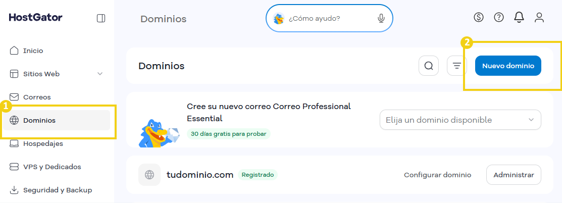 Portal del Cliente — pantalla Dominios con el botón "Nuevo dominio" destacado