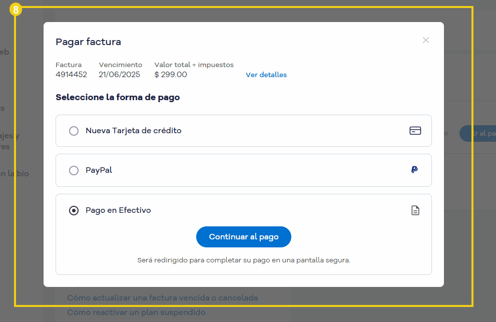 imagen muestra la pantalla de pagar factura con los metodos de pago para elegir  y finalizar el proceso