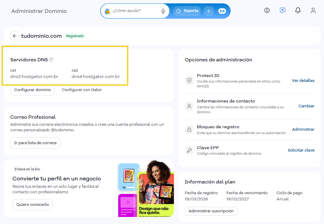 HostGator — administración del dominio con los servidores DNS dns3.hostgator.com.br y dns4.hostgator.com.br en destaque