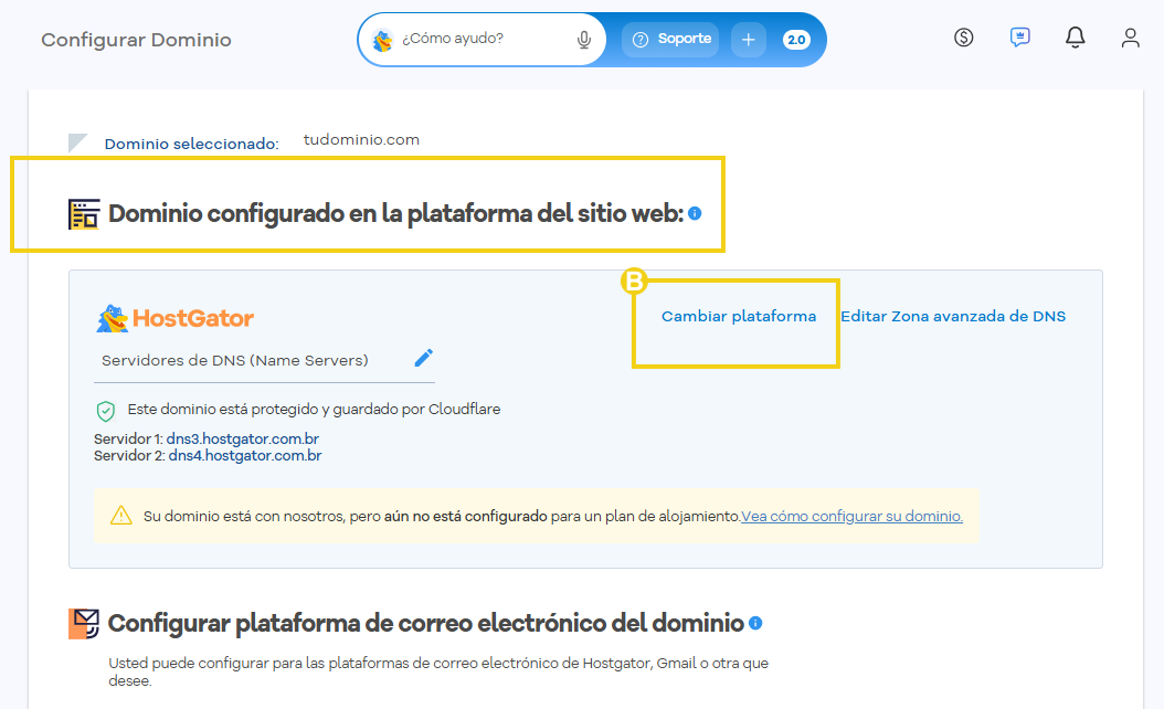 Portal del Cliente — pantalla Configurar dominio con la plataforma actual y la opción Cambiar plataforma
