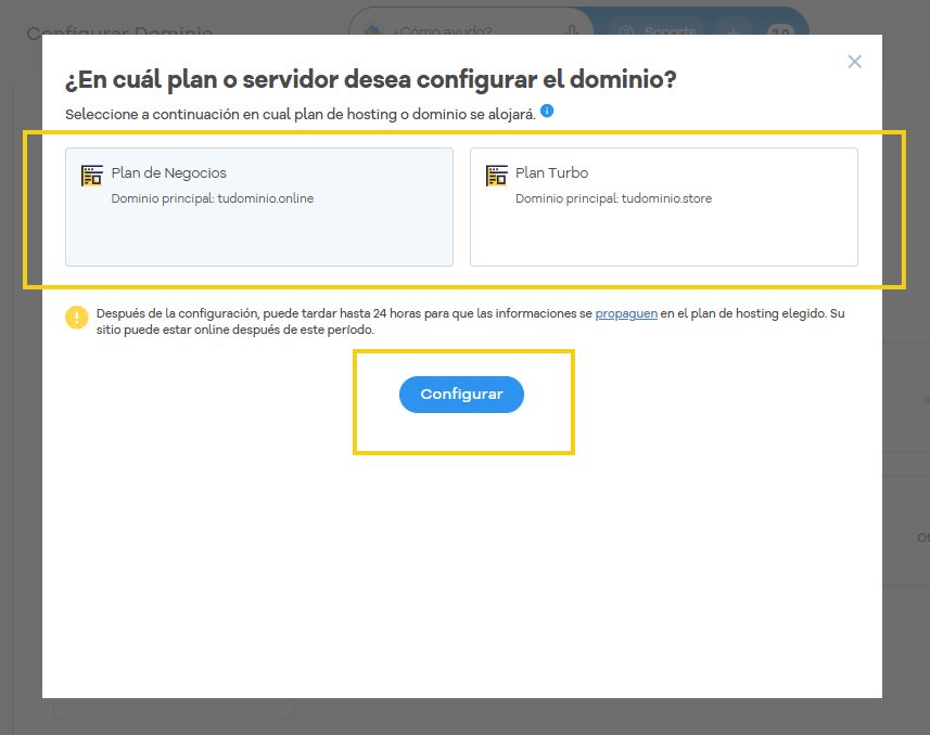 Portal del Cliente — pantalla Configurar dominio con los planes de hosting y el botón Configurar