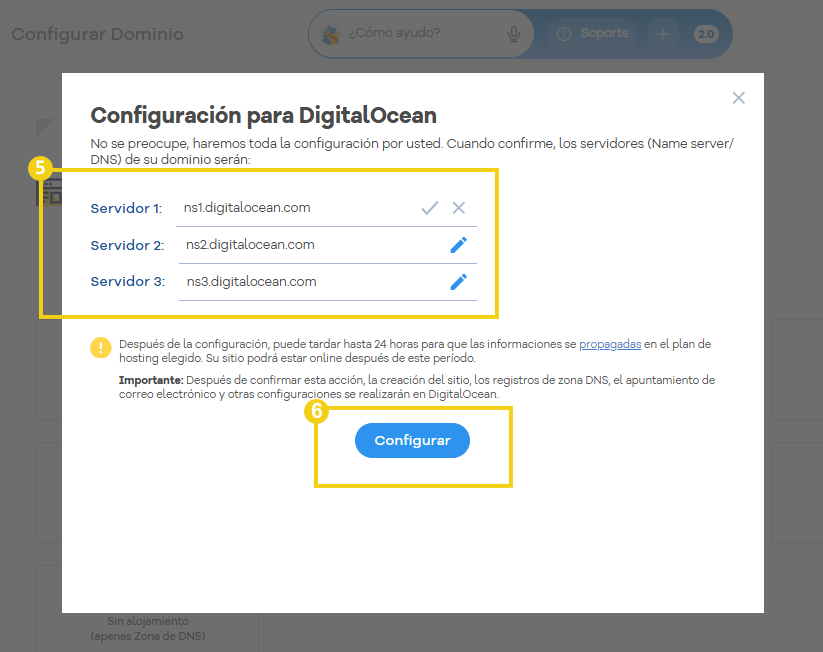 Portal del Cliente — configuración para DigitalOcean con los servidores DNS y el botón Configurar