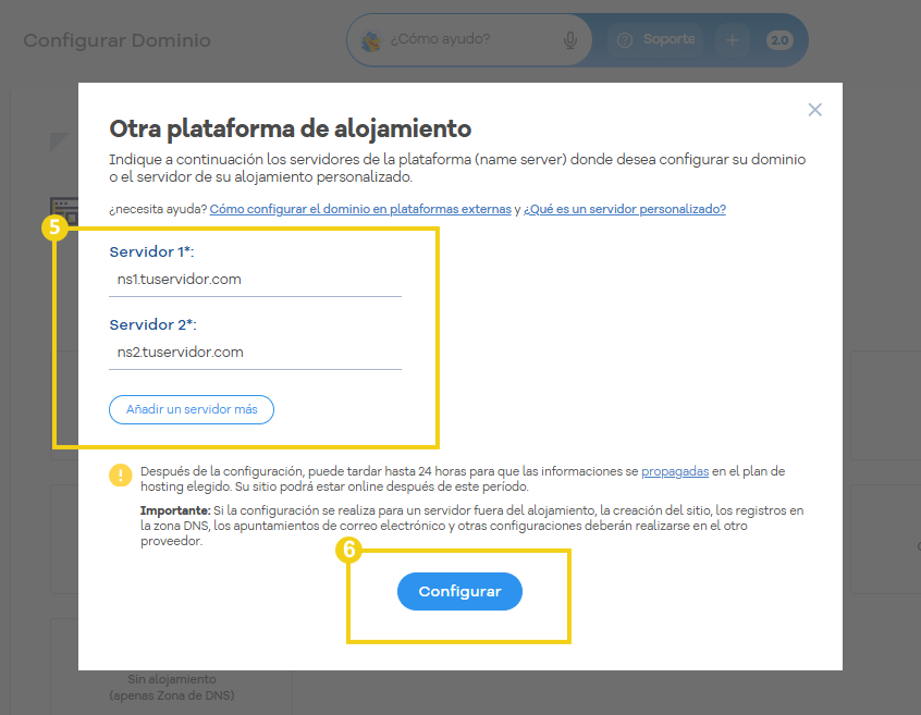 Portal del Cliente — configuración para otra plataforma con los campos Servidor 1, Servidor 2 y el botón Configurar