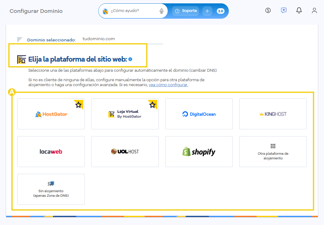 Portal del Cliente — pantalla Configurar dominio con las plataformas disponibles para dirigir el DNS