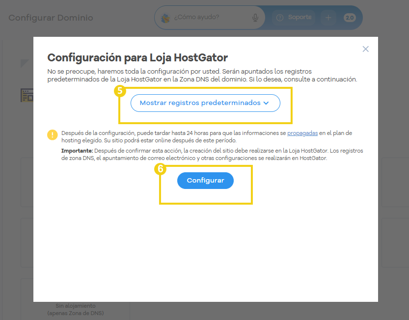 Portal del Cliente — configuración para la Tienda HostGator con Mostrar registros predeterminados y Configurar