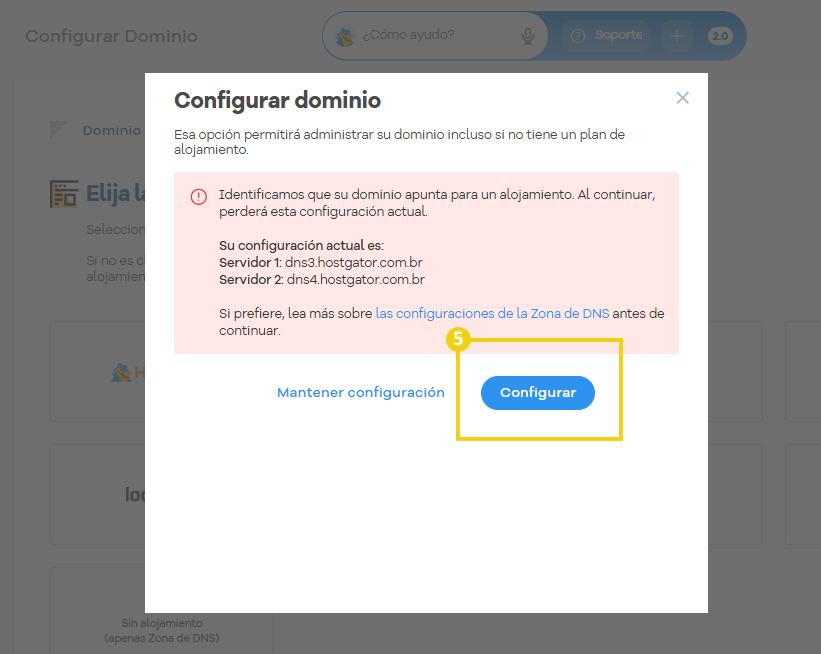 Portal del Cliente — pantalla Configurar dominio con el aviso de cambio de DNS y el botón Configurar